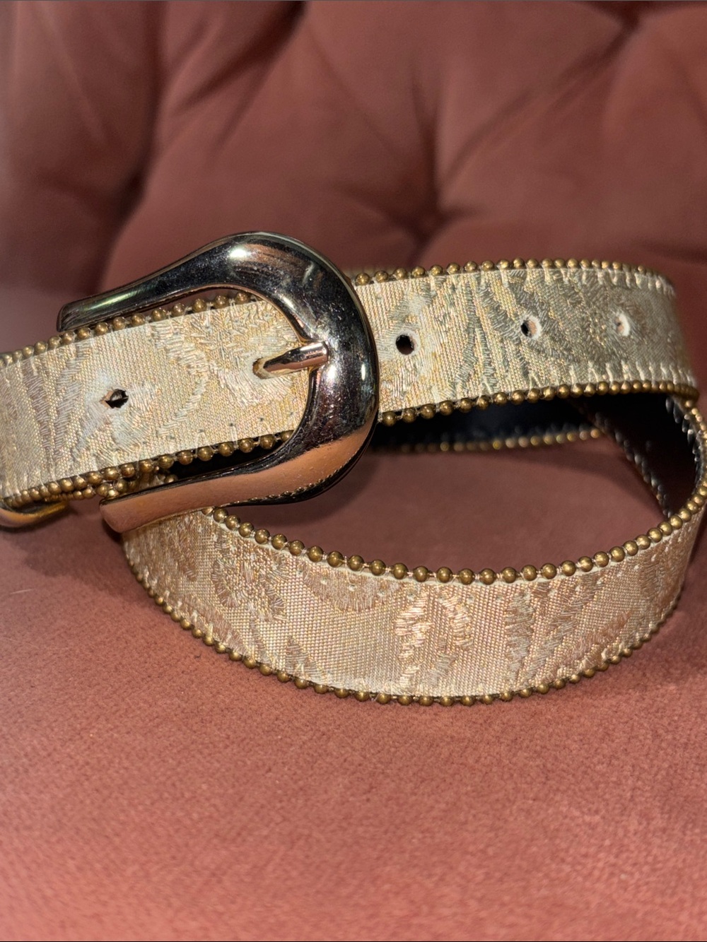 Vintage elite Gold metallic Belt thin Victorian floral fabric belt M bead trim